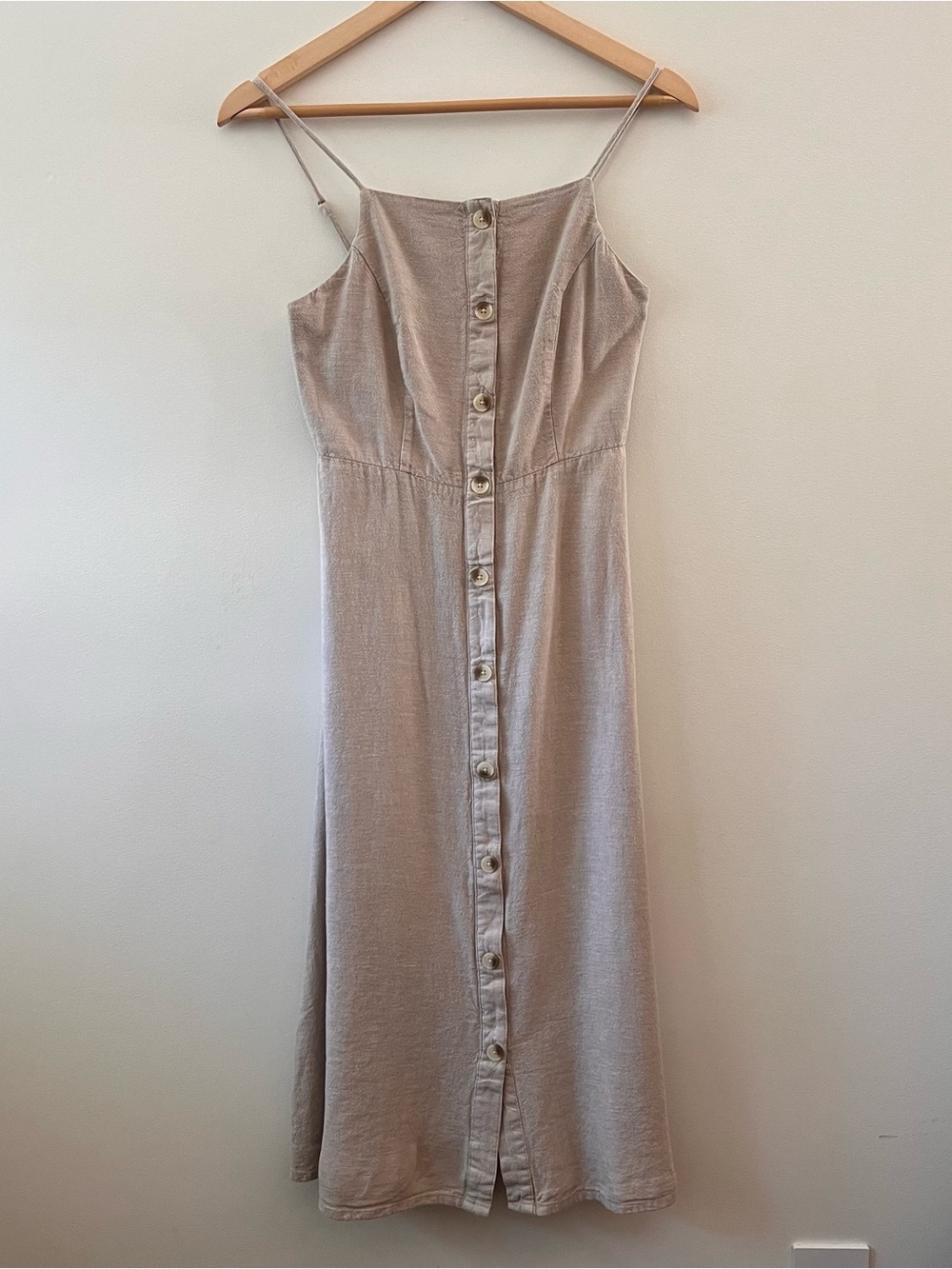 Old Navy Beige Linen Blend Button-Down Midi Dress Smocked back XS EUC